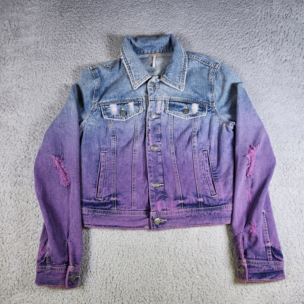 Free People Denim Jacket Distressed Trucker Blue Purple Size 4